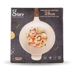 Beige granite deep wok pan 28cm with a wood-look handle, shown on its product box with shrimp and lemon. - view 2