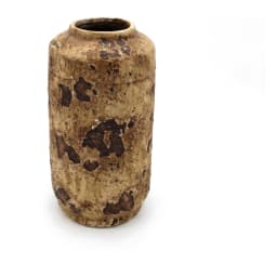Cylindrical porcelain vase with a rustic textured brown and beige finish on a white background. - view 2