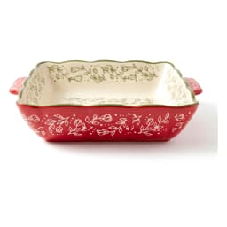 Set of 3 rectangular granite baking dishes, red exterior with white floral pattern, cream interior, on a white background. - view 4