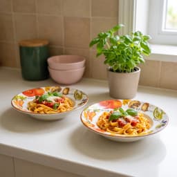 Two white porcelain pasta plates with colorful vegetable designs on the rim, filled with fettuccine pasta, on a kitchen coun… - view 1
