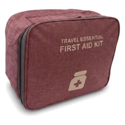 Rectangular red fabric first aid kit bag with 'TRAVEL ESSENTIAL FIRST AID KIT' text and a white medicine bottle icon, on a w… - view 2