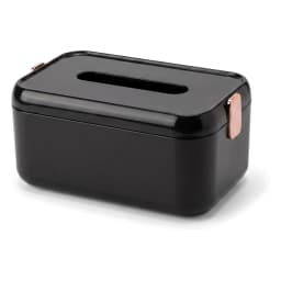 Black rectangular plastic tissue box with a top slot and rose gold colored clips on the sides, on a white background. - view 2