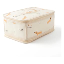 Rectangular beige fabric storage box with brown dachshund dog pattern and a beige zipper and handle on a white background - view 2