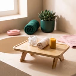 Light brown wood tray with foldable legs on a bedside table, holding a mug, a book, and eucalyptus leaves, next to a bed. - view 1