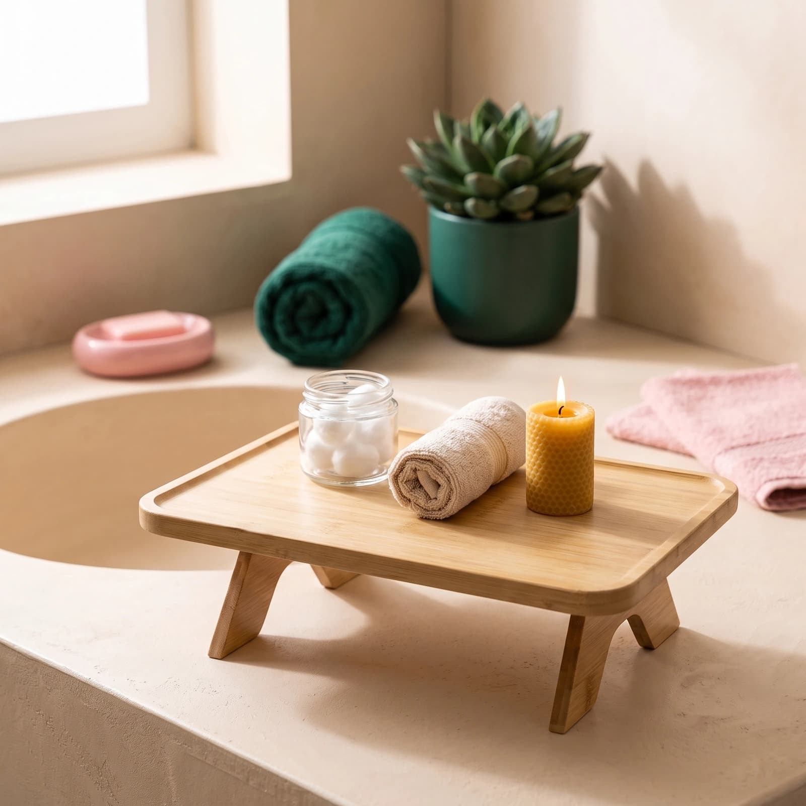 Light brown wood tray with foldable legs on a bedside table, holding a mug, a book, and eucalyptus leaves, next to a bed.