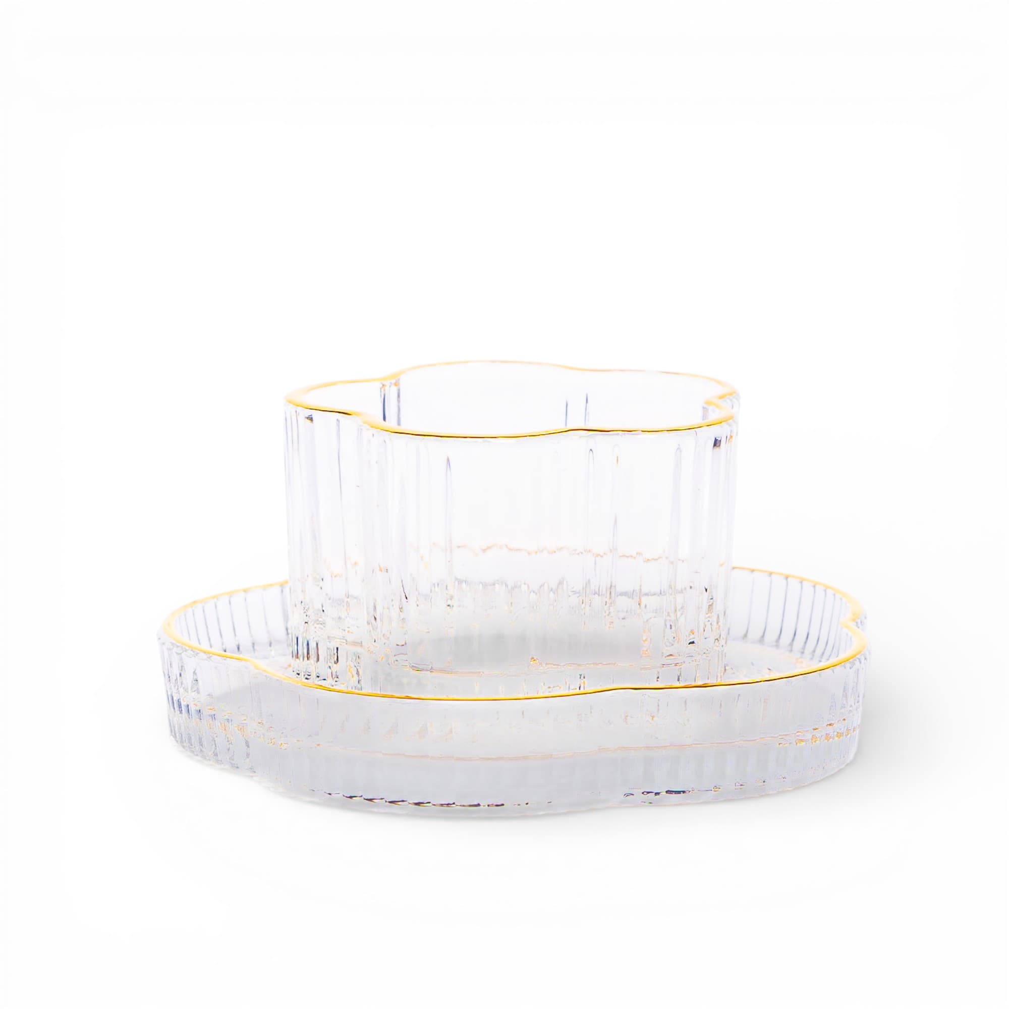 Glass Ribbed Cup & Saucer Set with Gold Rim