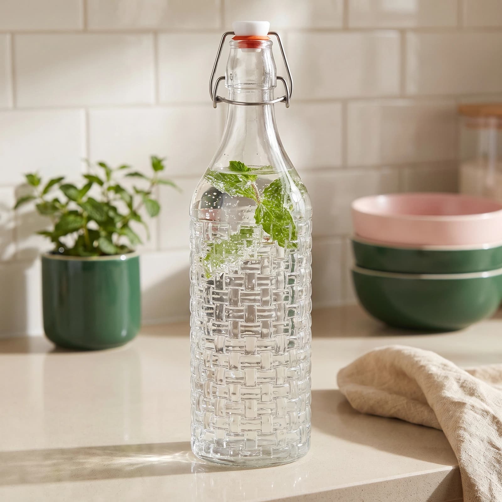 Clear glass bottle with a woven texture on the lower half, a silver metal swing top clasp, white stopper, and orange gasket…