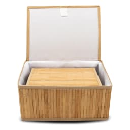 Two natural brown wood and khous rectangular storage boxes with lids, one partially open, filled with rolled textiles. - view 3