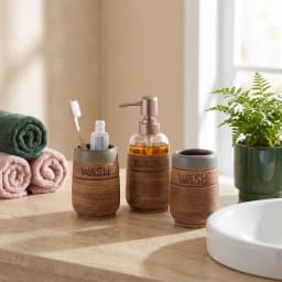 Four-piece ceramic bathroom set in grey and brown, with textured finish and 'WASH' embossed, including soap dispenser, two t… - view 3