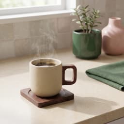 Ceramic Mug with Wood Handle & Wooden Coaster - Beige - view 1