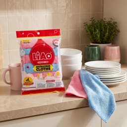 Pack of 6 pink and blue microfiber cleaning cloths, 30x30cm, in clear plastic packaging with product details - view 1