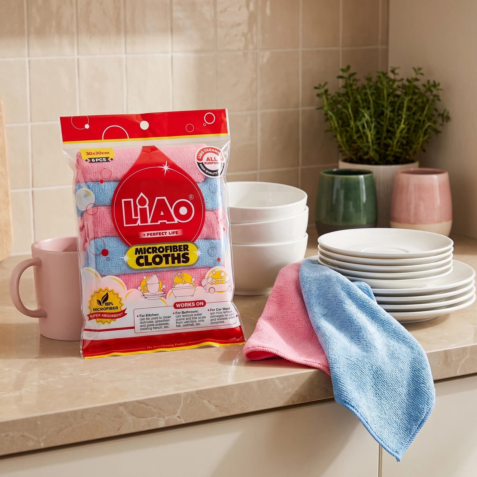 Pack of 6 pink and blue microfiber cleaning cloths, 30x30cm, in clear plastic packaging with product details