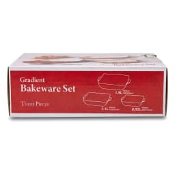 Set of 3 rectangular granite baking dishes, red exterior with white floral pattern, cream interior, on a white background. - view 3