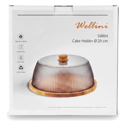 Round wooden base with a ribbed amber acrylic cake dome lid, displaying cheese, crackers, grapes, and figs on a kitchen coun… - view 4