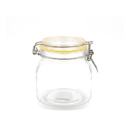 Clear glass storage jar with silver metal clasp and yellow rubber seal on a white background, empty. - view 2