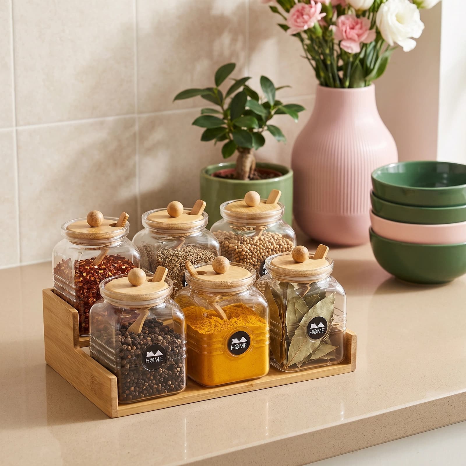 Glass Storage Jars with Wood Lids & Spoons - Set of 6