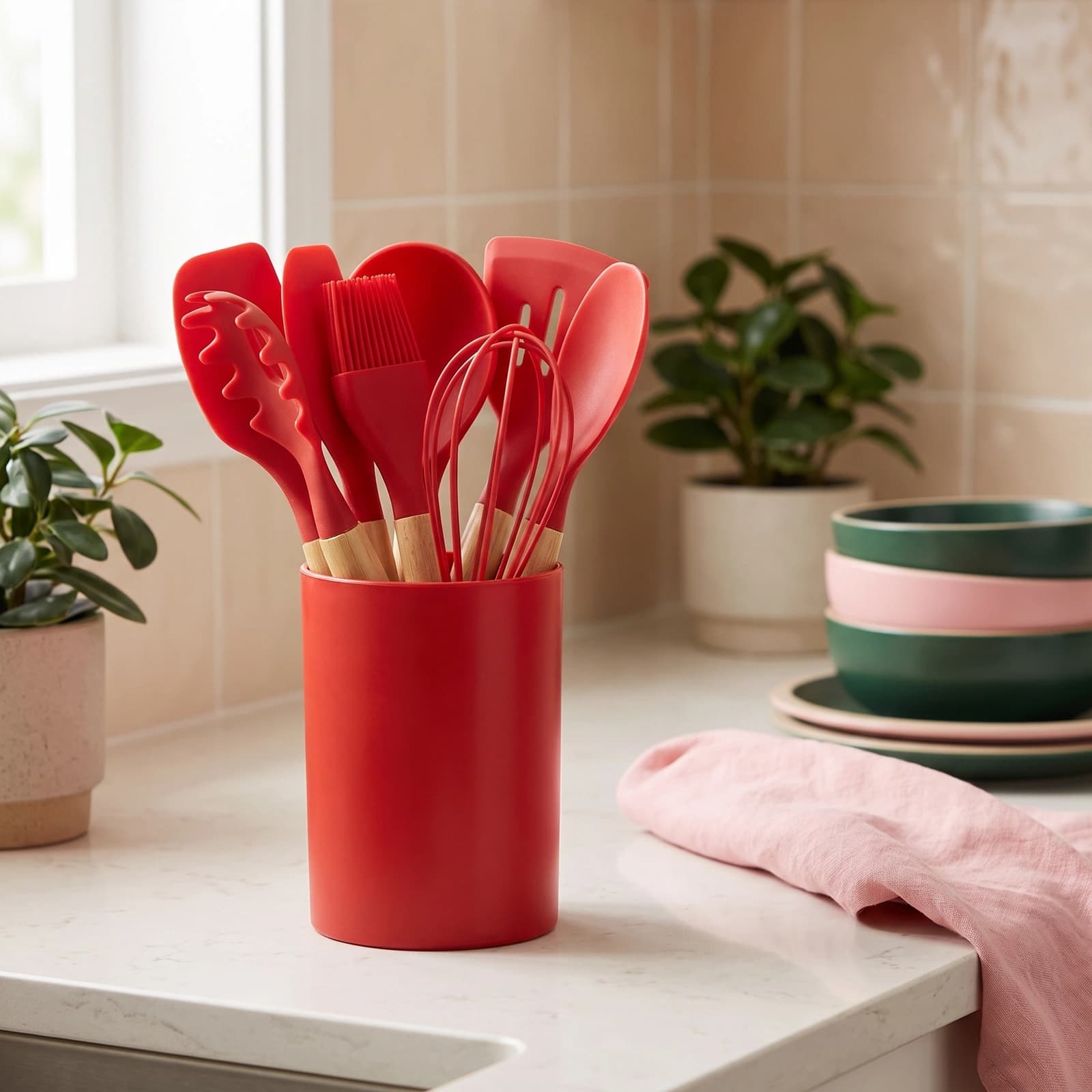 Red Silicone Kitchen Utensil Set 12-Piece with Wooden Handles