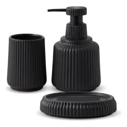 Three black ribbed ceramic bathroom accessories: a soap dispenser, a tumbler, and a soap dish on a white background. - view 2