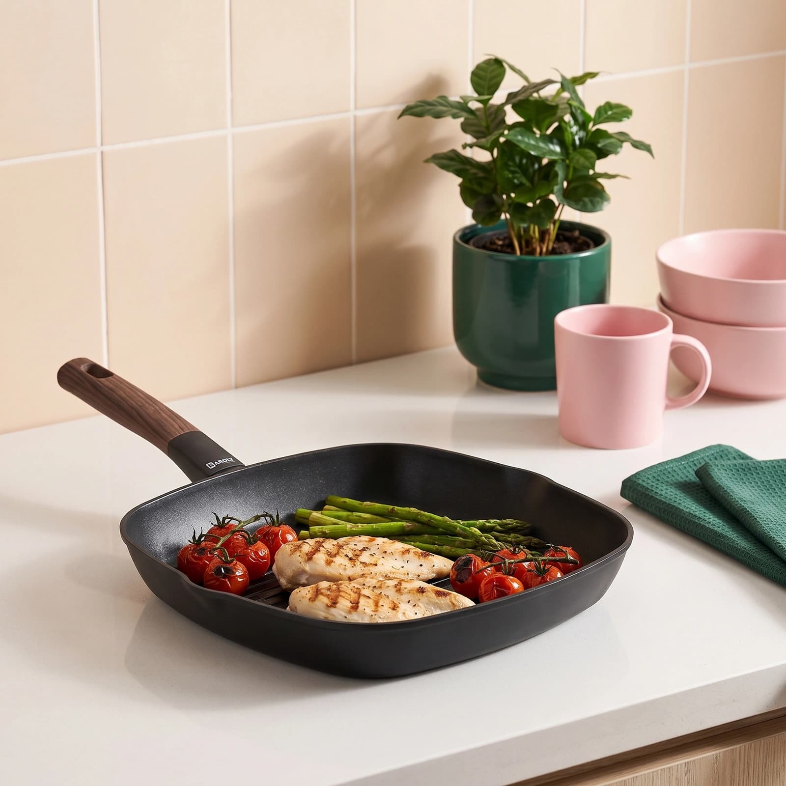 Black square granite grill pan with a dark brown wood-look handle, 28 cm, on a white shelf.
