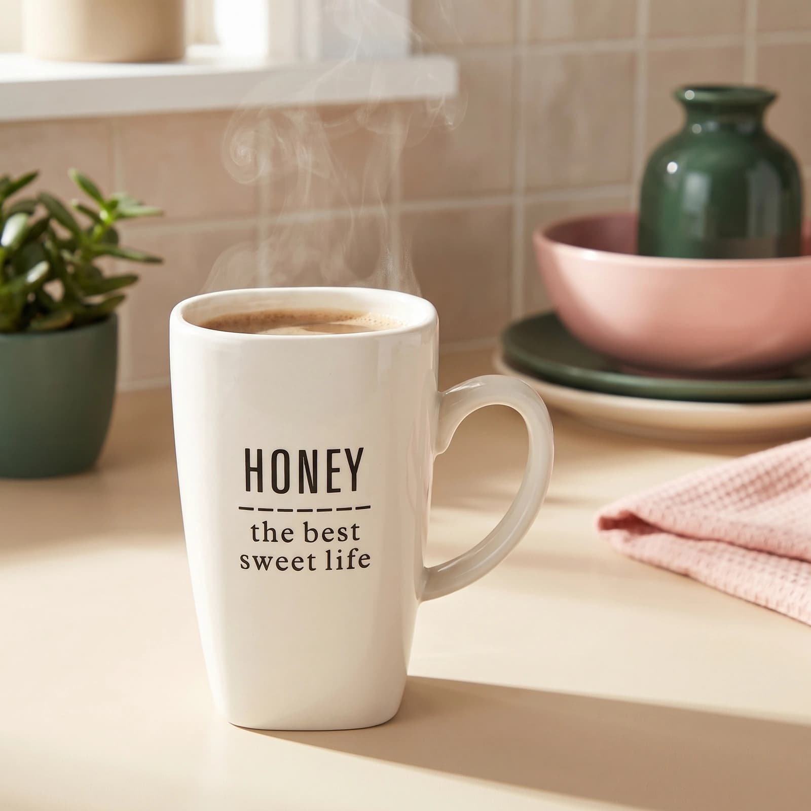 Single white ceramic mug with 'Honey the best sweet life' quote in black text, on a white background.