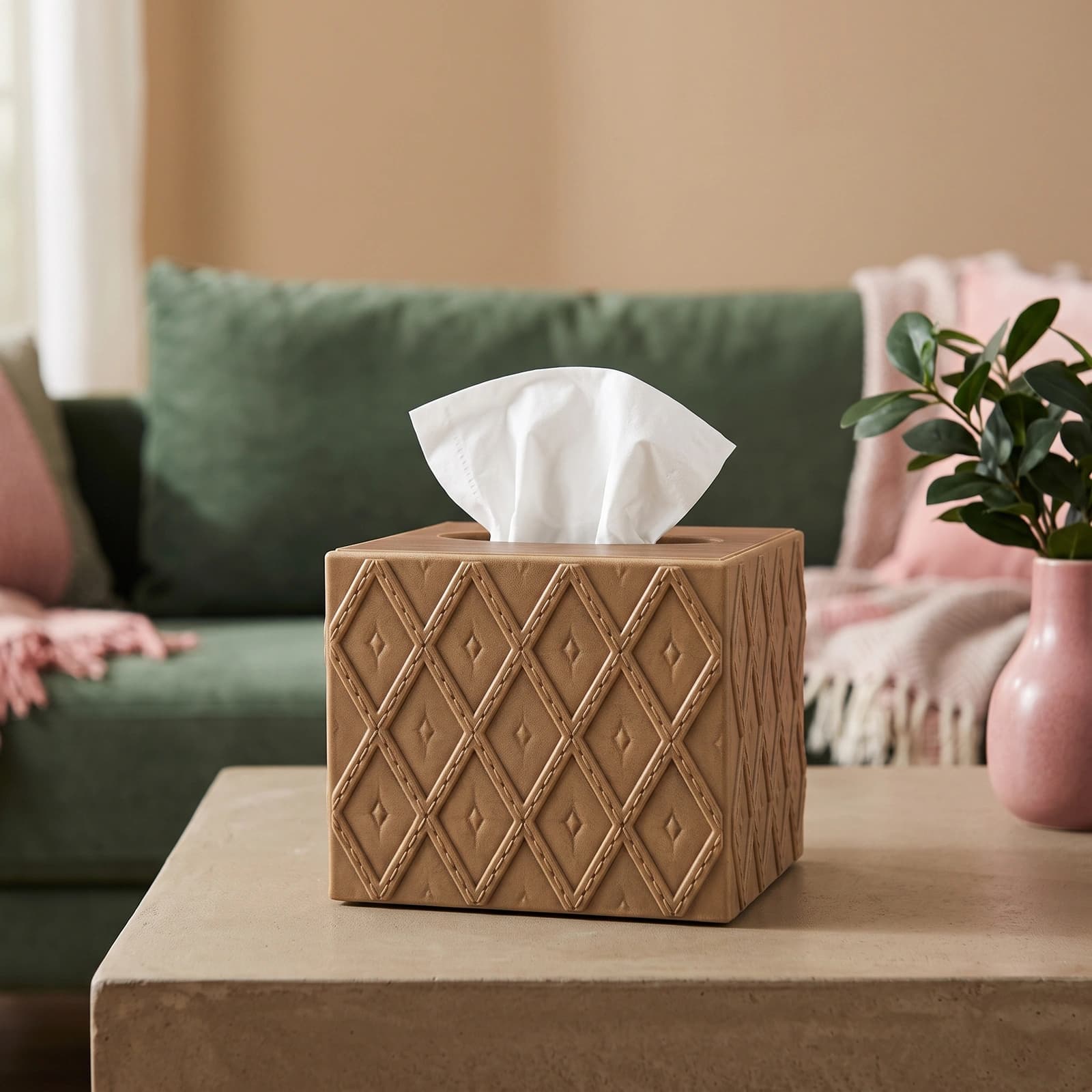 Brown wood top and tan leather-look tissue box cover with a raised diamond quilted pattern, isolated on a white background.