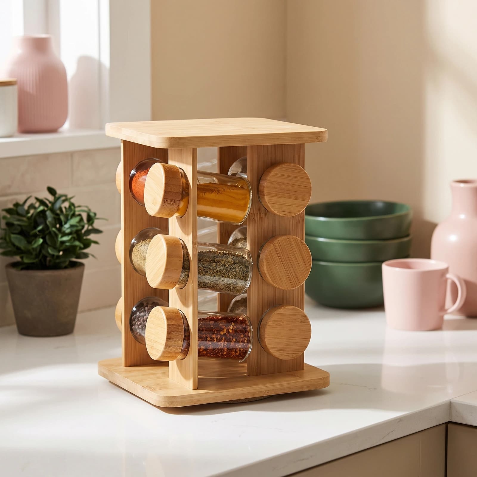 Light brown wood rotating spice rack with 9 clear glass jars and matching wooden lids, on a white background.