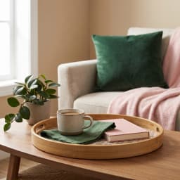 Round Wood Serving Tray - Natural Beige Woven Base 4 piece - view 6