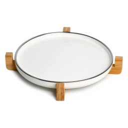 Round Porcelain Serving Tray with Wood Handles - White - view 3