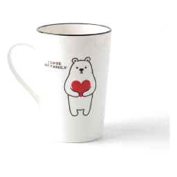 White ceramic mug with a black rim and a cartoon bear holding a red heart, text 'I LOVE MY FAMILY' on a white shelf. - view 2