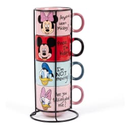 Four colorful ceramic mugs, pink, red, light blue, light pink, stacked on a black metal stand, each with a Disney character… - view 2