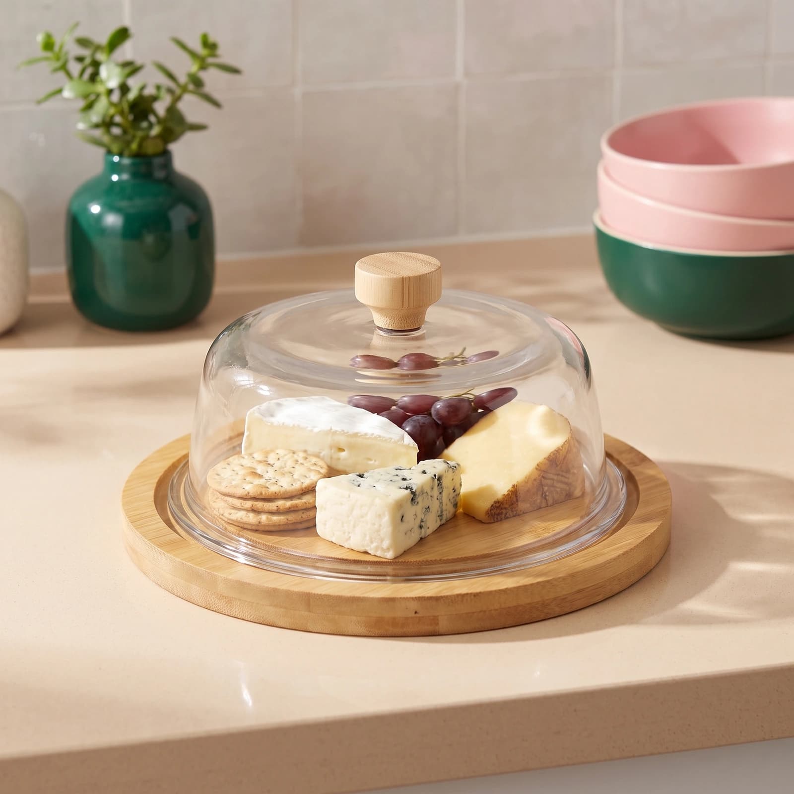 Round mini serving cloche with a clear glass dome and a light brown wooden base and knob on a white background.