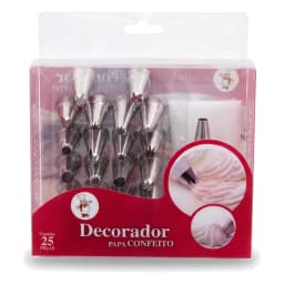 Boxed set of 25 silver metal cake decorating nozzles, a white piping bag, and a coupler, displayed on a shelf. - view 2