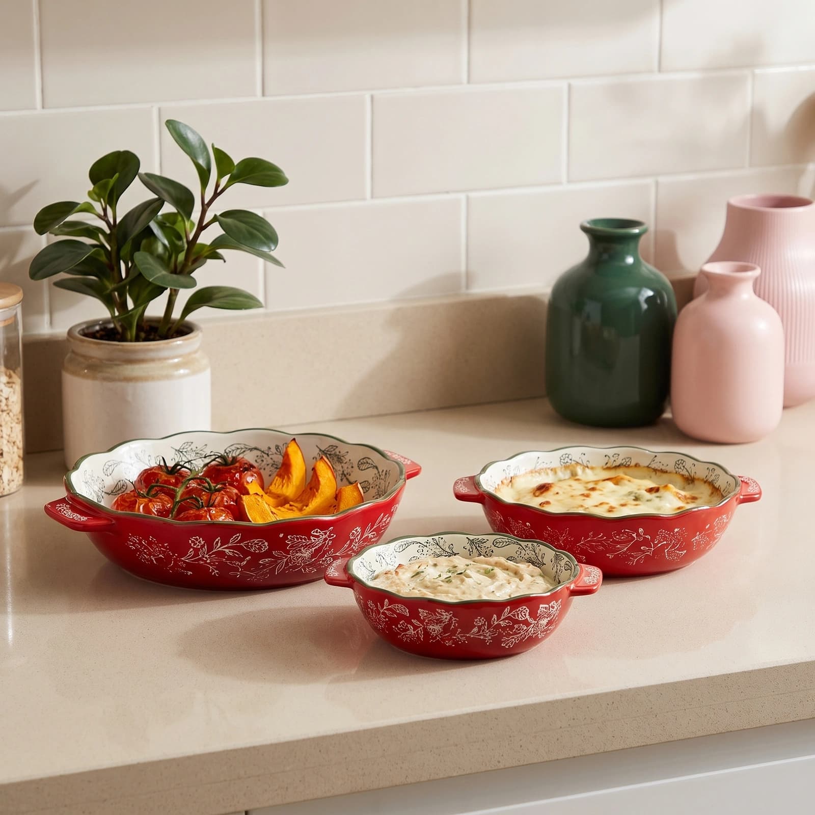 Red Granite Bakeware Set 3 Pieces - Floral Design - Kitchen essentials