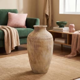 Distressed antique beige and brown porcelain vase with textured band around the neck on a white background - view 3