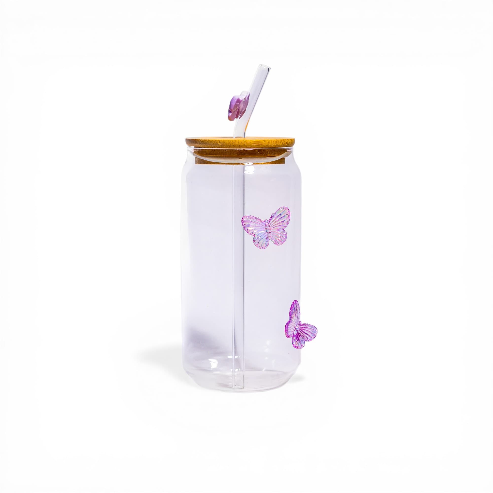 Glass Can Cup with Bamboo Lid & Straw - Purple Butterfly