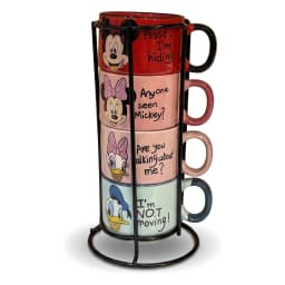 Four colorful ceramic mugs, pink, red, light blue, light pink, stacked on a black metal stand, each with a Disney character… - view 4