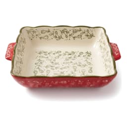 Set of 3 rectangular granite baking dishes, red exterior with white floral pattern, cream interior, on a white background. - view 6