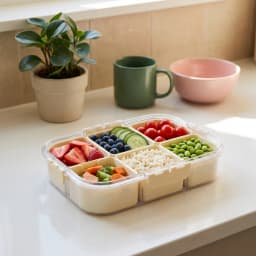 Light yellow plastic multi-compartment food storage box with clear lid and handle on a white background - view 4