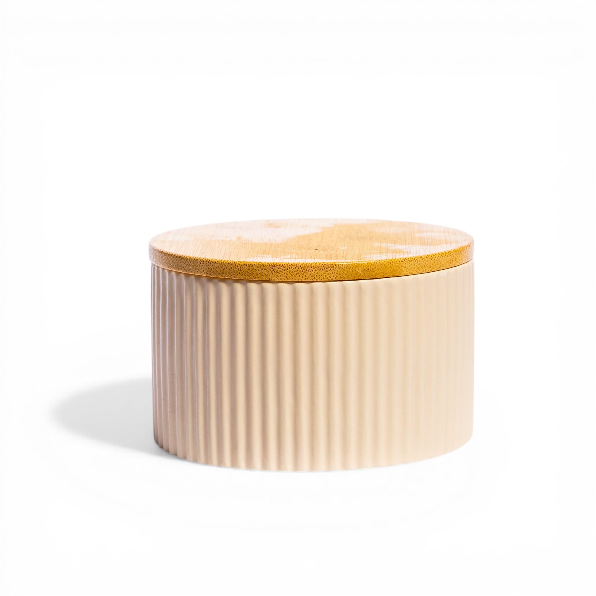 Ceramic Storage Jar with Bamboo Lid - Beige Ribbed