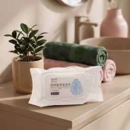 White plastic pack of down coat cleaning wipes with a blue illustration of a winter jacket on a white styrofoam surface - view 1