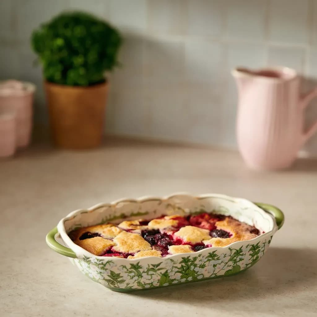 Porcelain Baking or Serving Dish - White with Green Floral Design