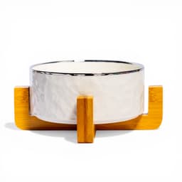 Serving Bowl Ceramic White with Bamboo Stand - view 1