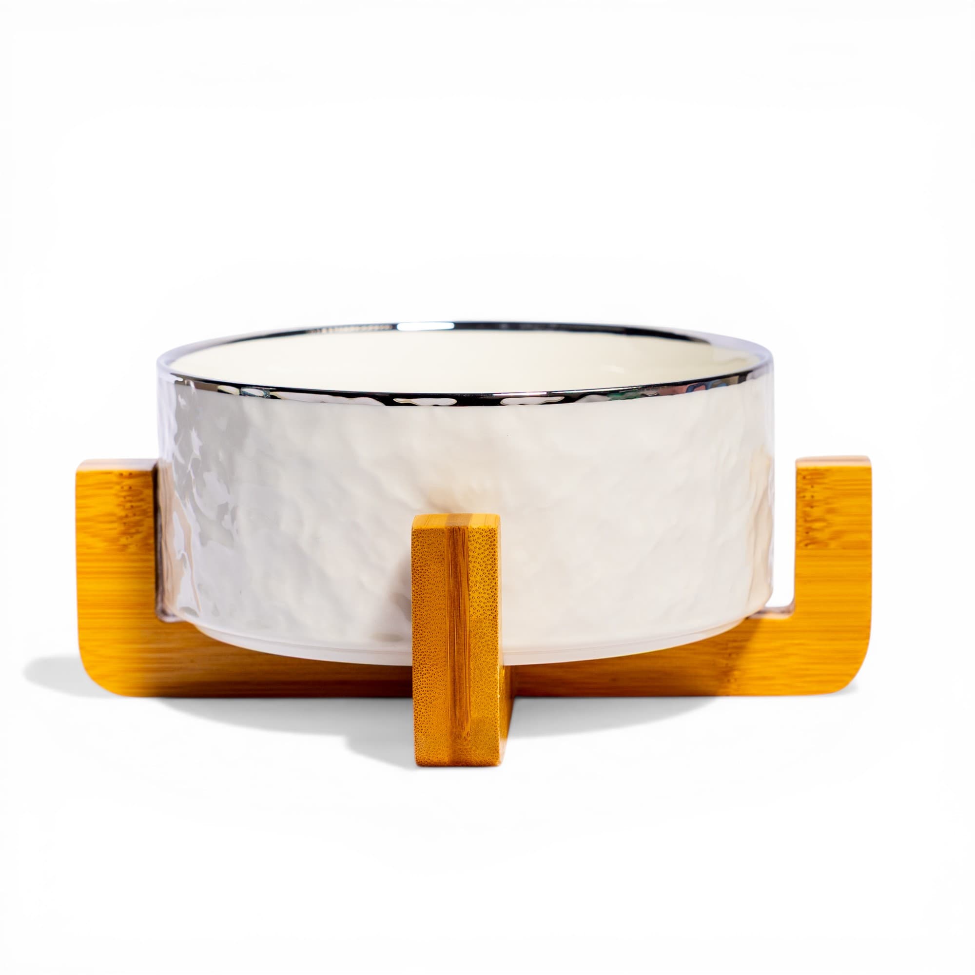 Serving Bowl Ceramic White with Bamboo Stand