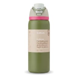 Olive green stainless steel insulated water bottle with a light green and pink push-button lid, 945ml capacity. - view 2
