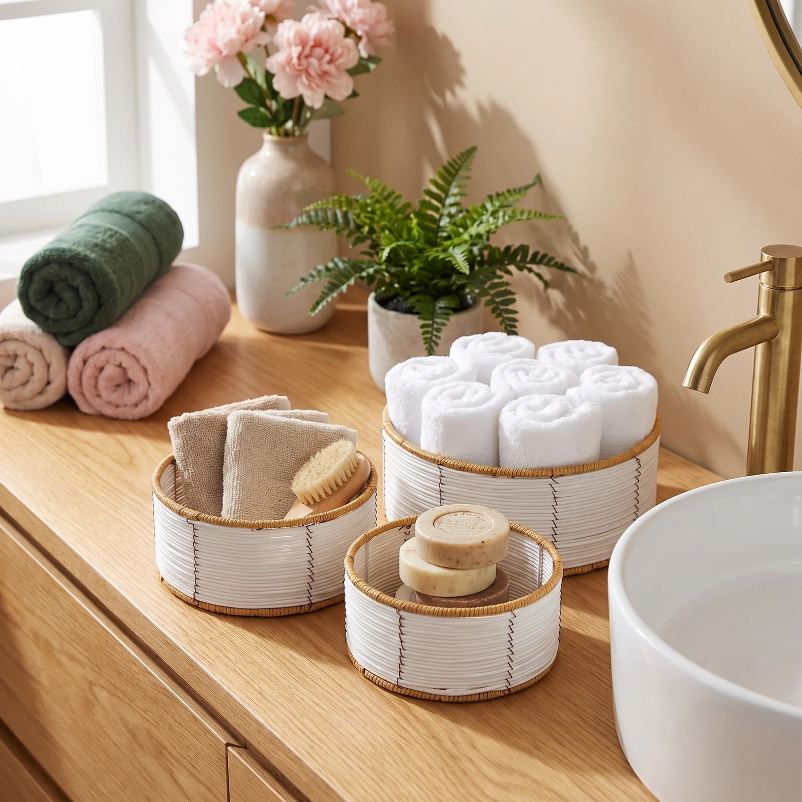 Khous Storage Baskets Set - 3 Round White & Tan Organizers