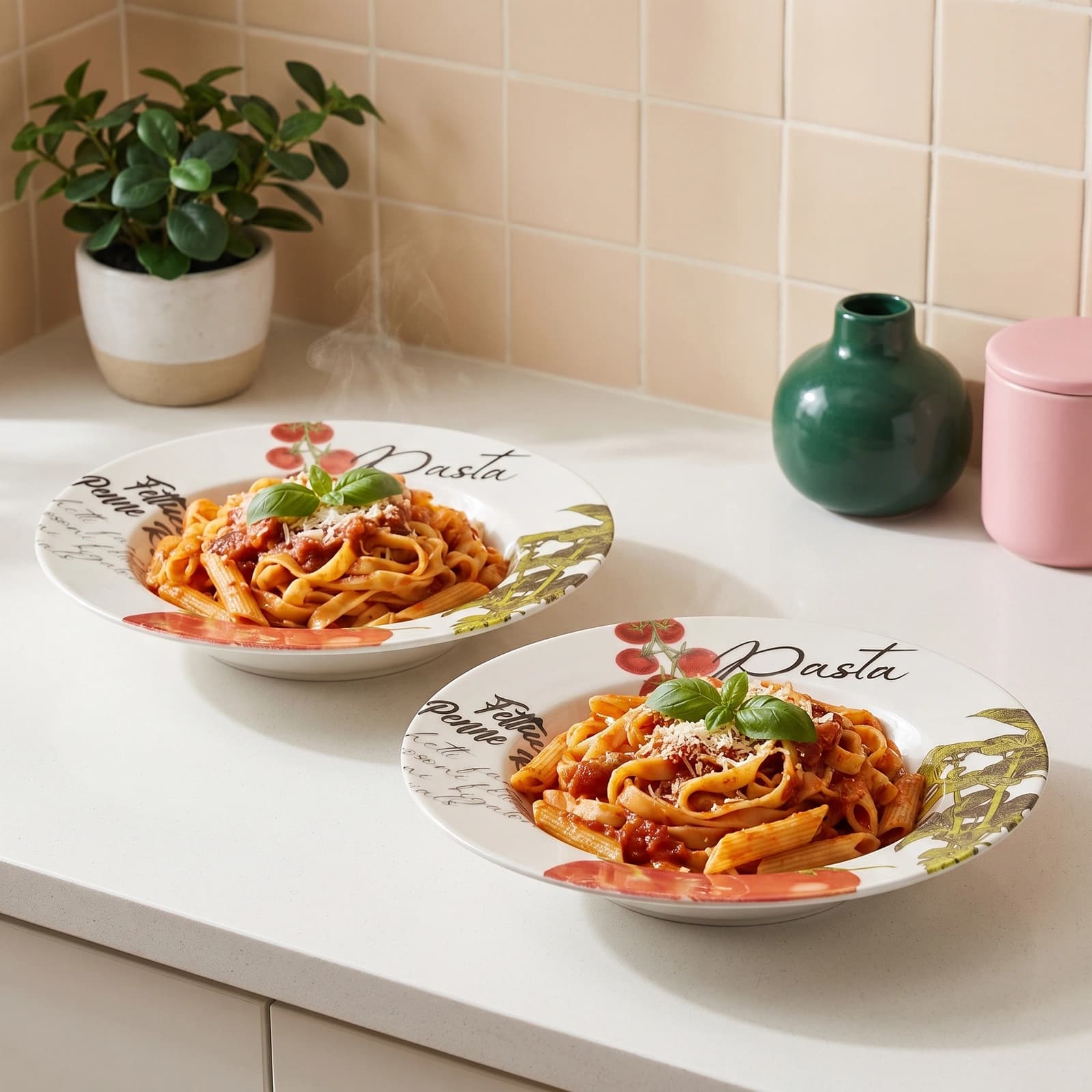 Two white porcelain pasta plates with red tomato and green basil design, filled with pasta, on a white kitchen counter.