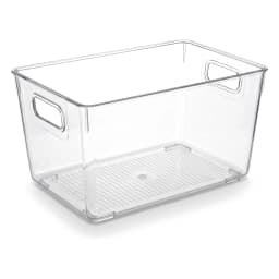 Transparent rectangular acrylic storage bin with integrated handles on a white shelf - view 2