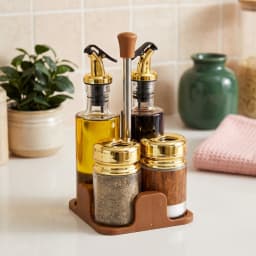 Four-piece glass cruet set with wood-grain design and gold caps on a brown plastic stand, on a white background. - view 1