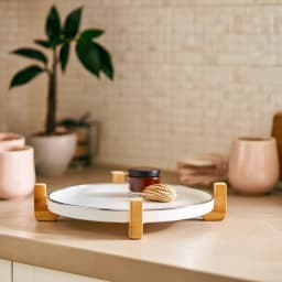 Round Porcelain Serving Tray with Wood Handles - White - view 1