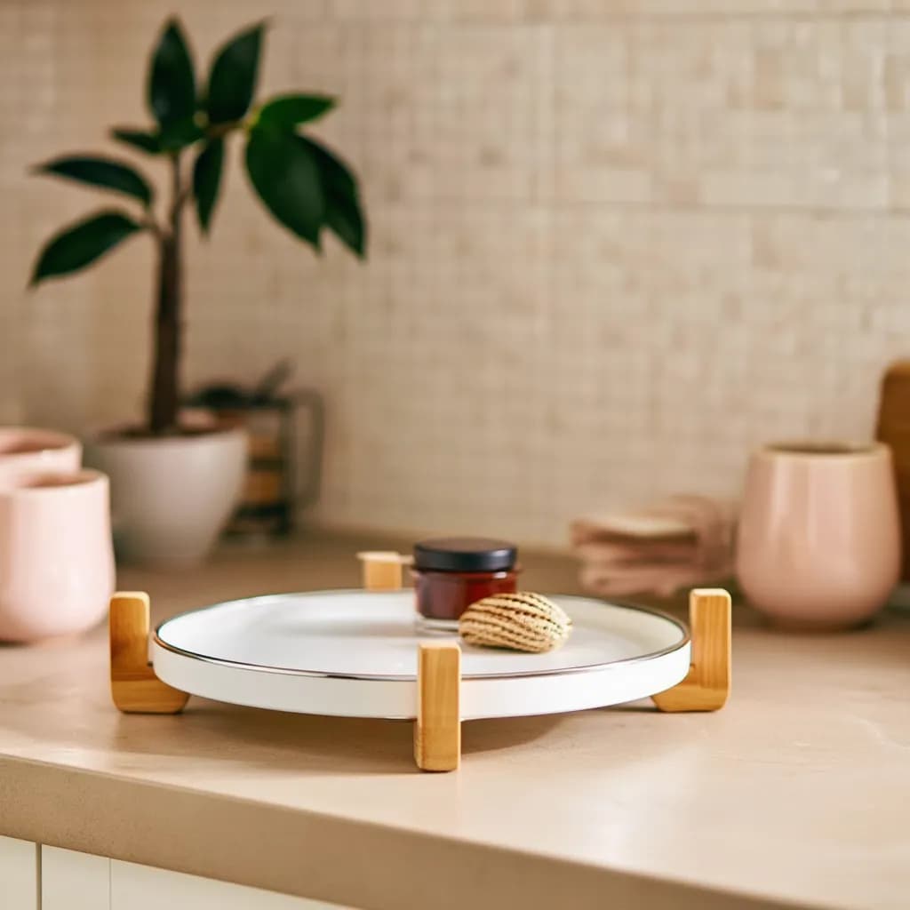 Round Porcelain Serving Tray with Wood Handles - White